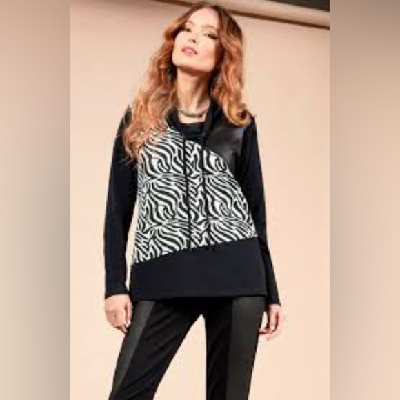 Maloka black, zebra pattern, leather patched long sleeve black top - Picture 1 of 14